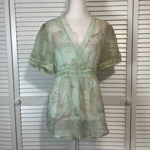 NWT Piano Y2K Mint Green Floral Cinched Waist Babydoll Blouse Women XL